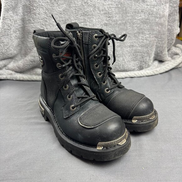 Harley Davidson Motorcycles Wmn 6.5D Leather Boots Black Lace/Zip Up Waterproof - Picture 1 of 8